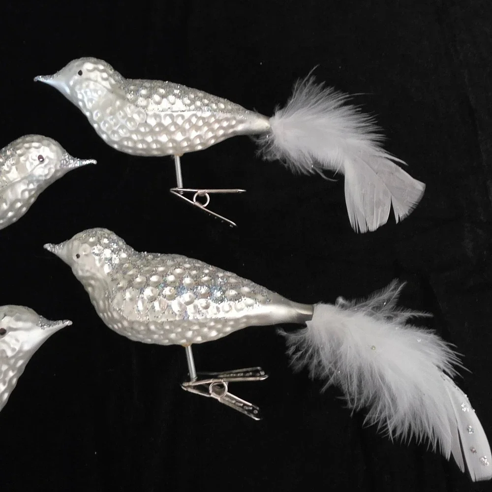 Silver Pearlized Glitter Glass Bird Ornaments w/ Feather Tails Clip On Set 4 7